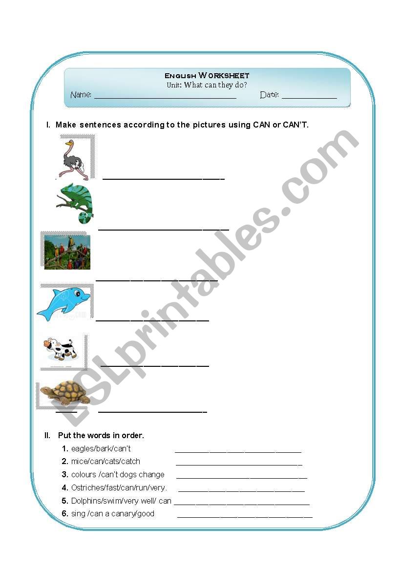 Worksheet about cant and cant