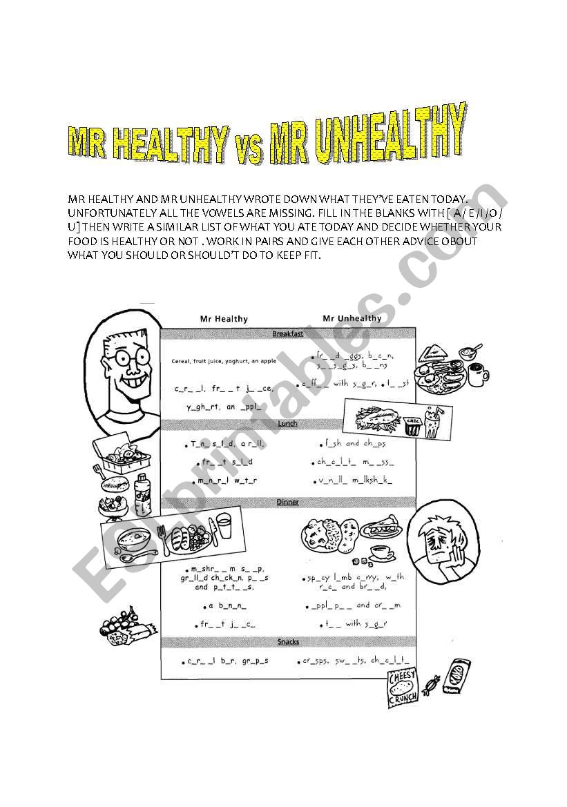 MR HEALTHY vs MR UNHEALTHY worksheet