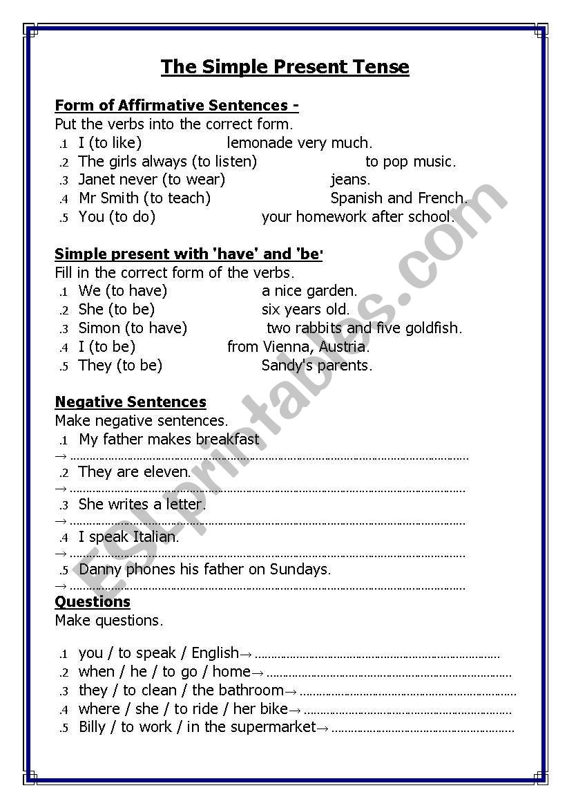 The Present Simple Tense worksheet