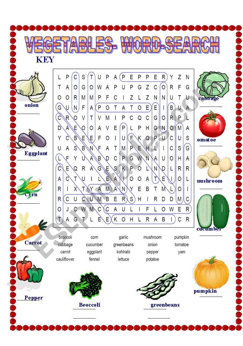 VEGETABLES WORD-SEARCH KEY worksheet