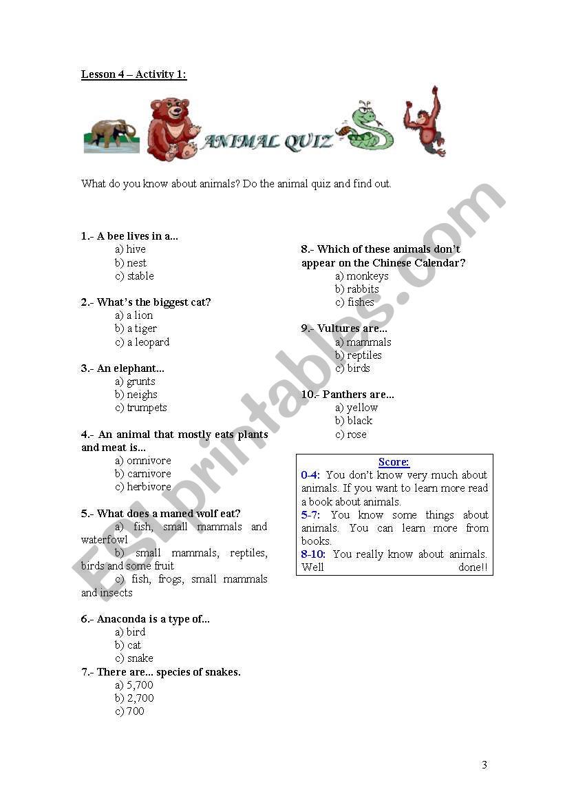 Animals quiz worksheet