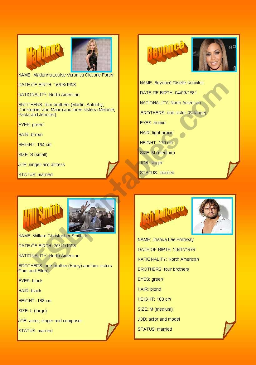 Celebrities worksheet