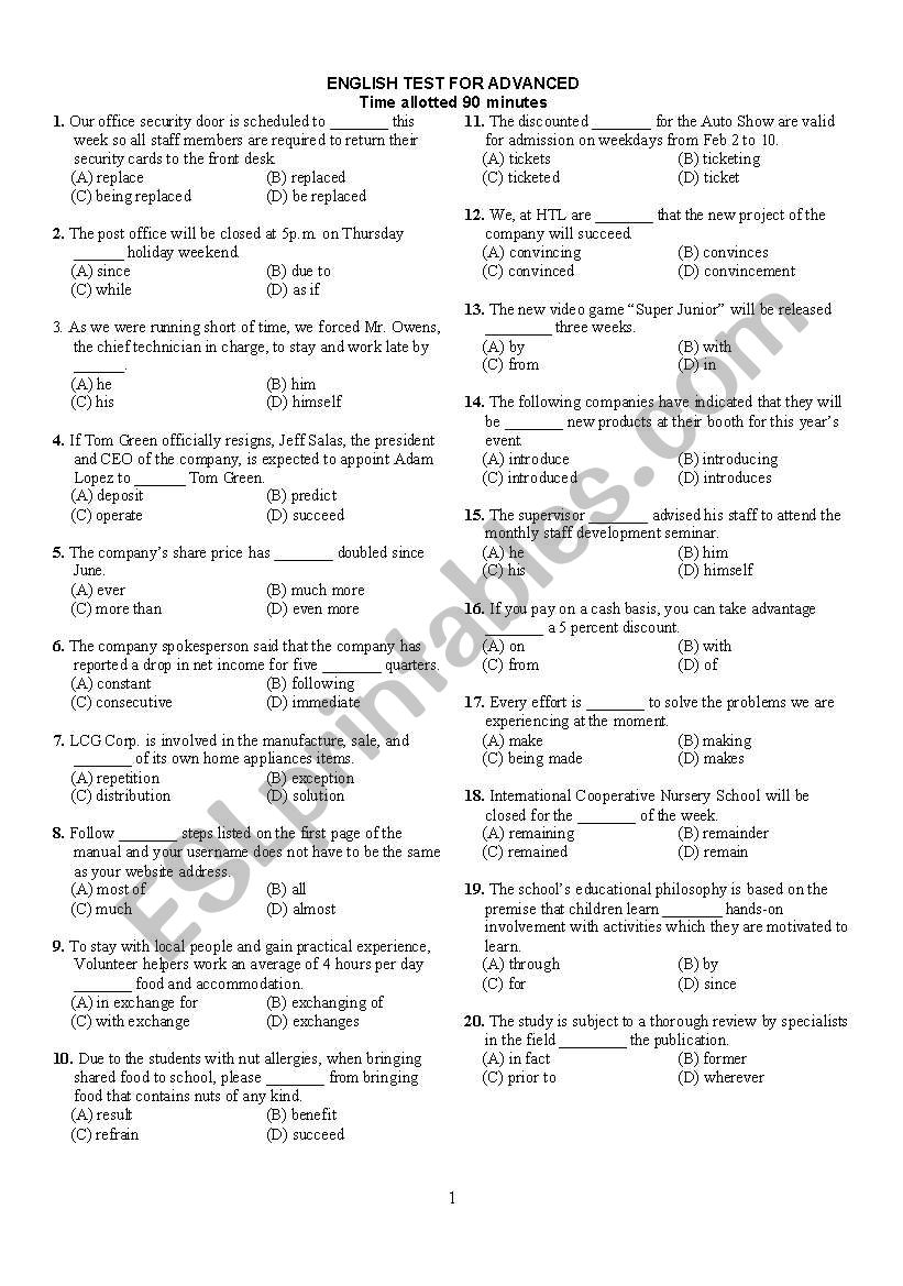 PRE-TEST FOR ADVANCED worksheet