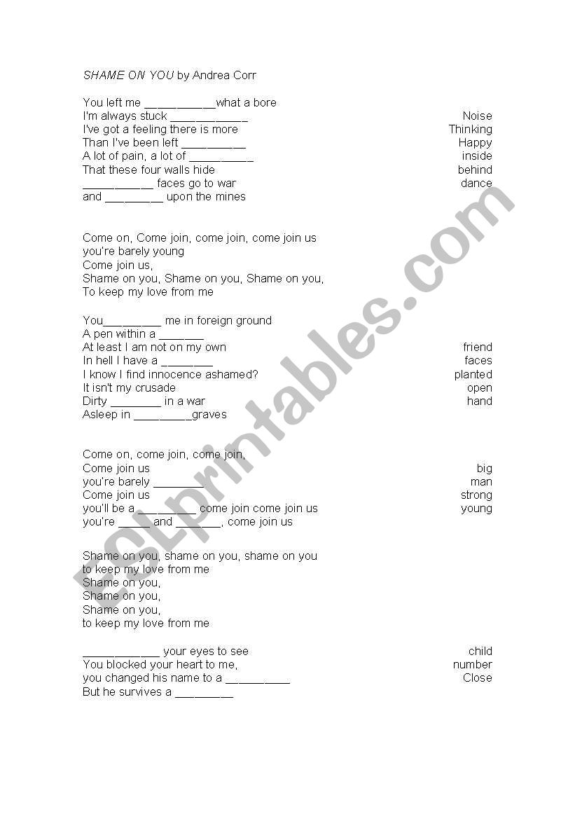 Shame on you by Andrea Corr song worksheet