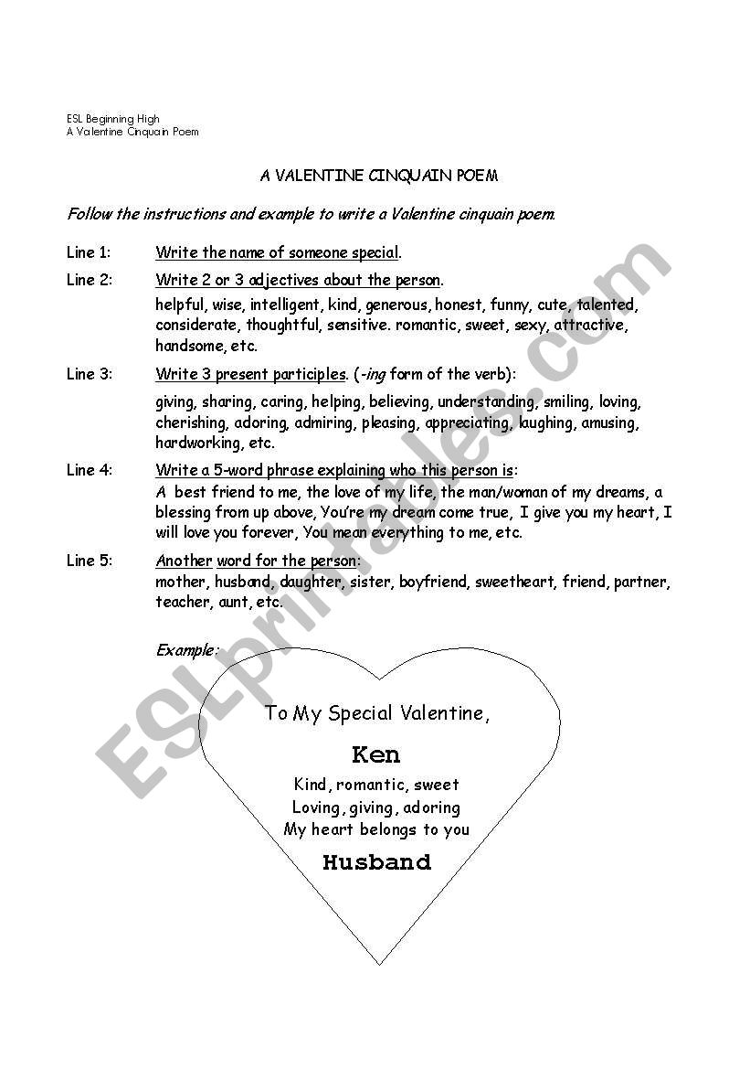 A Valentine Cinquain Poem worksheet