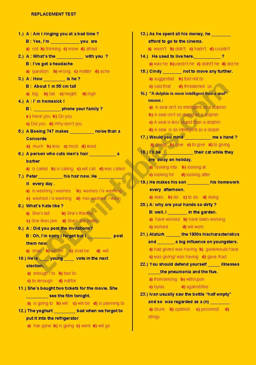 REPLACEMENT TEST worksheet