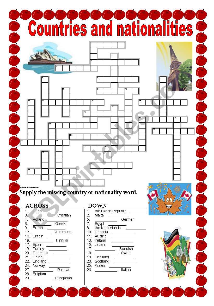 Countries and nationalities - crossword