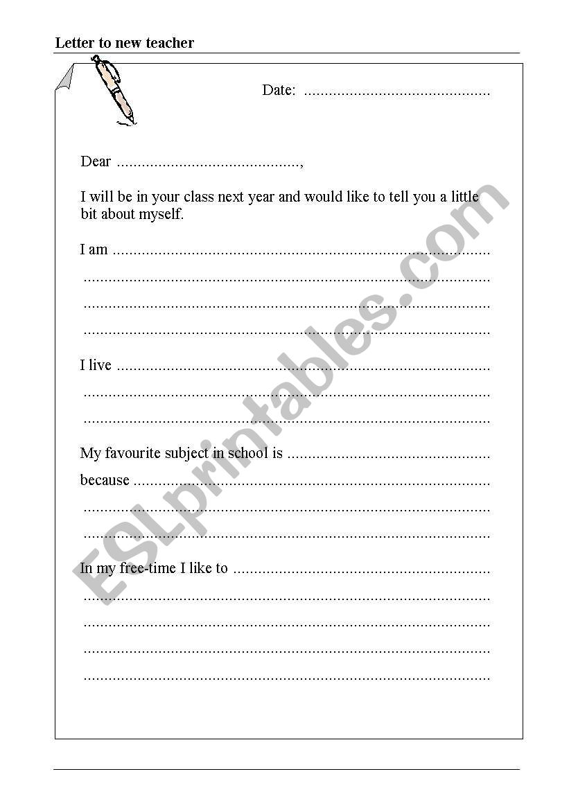 Letter to new teacher worksheet