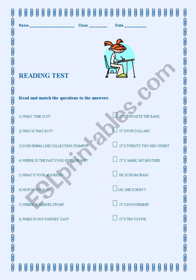 reading test  worksheet
