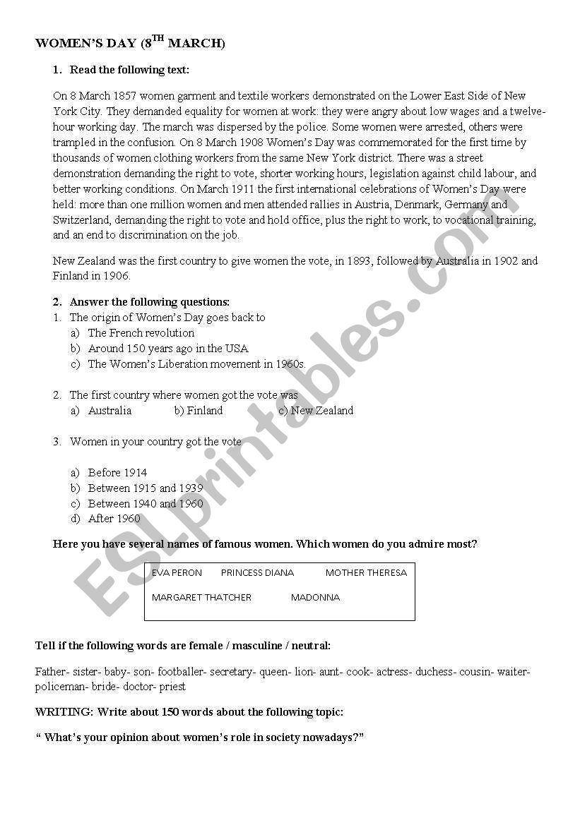 WOMENÂ´S DAY worksheet