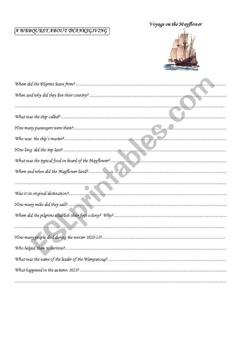 Voyage on Board the Mayflower worksheet