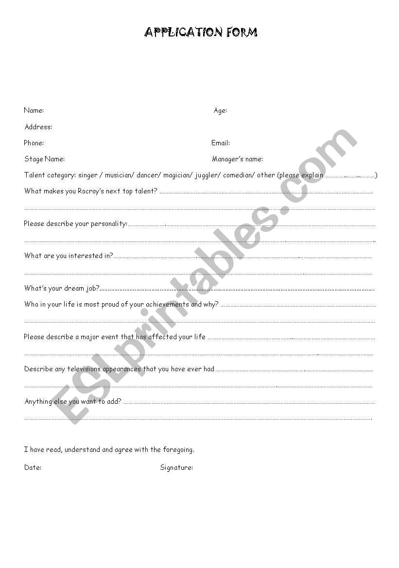 Application form for a TV game show