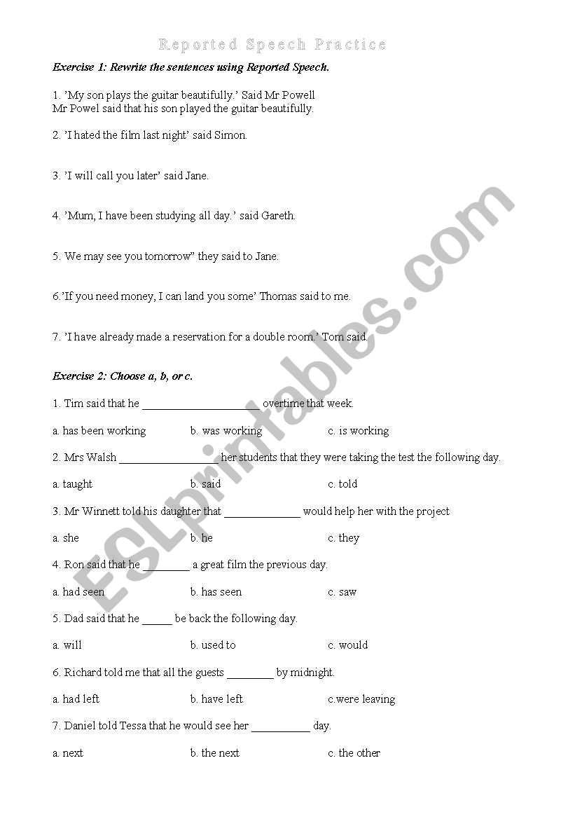 Reported Speech worksheet