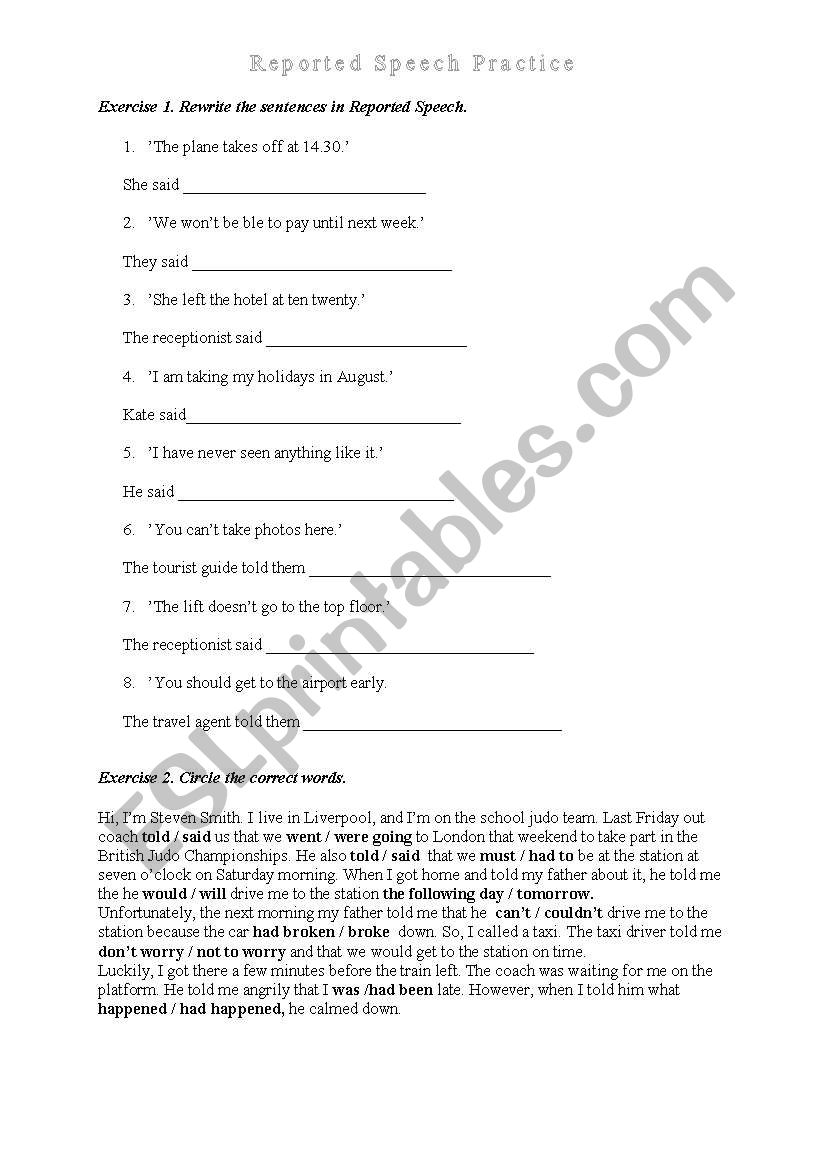 Reported Speech worksheet