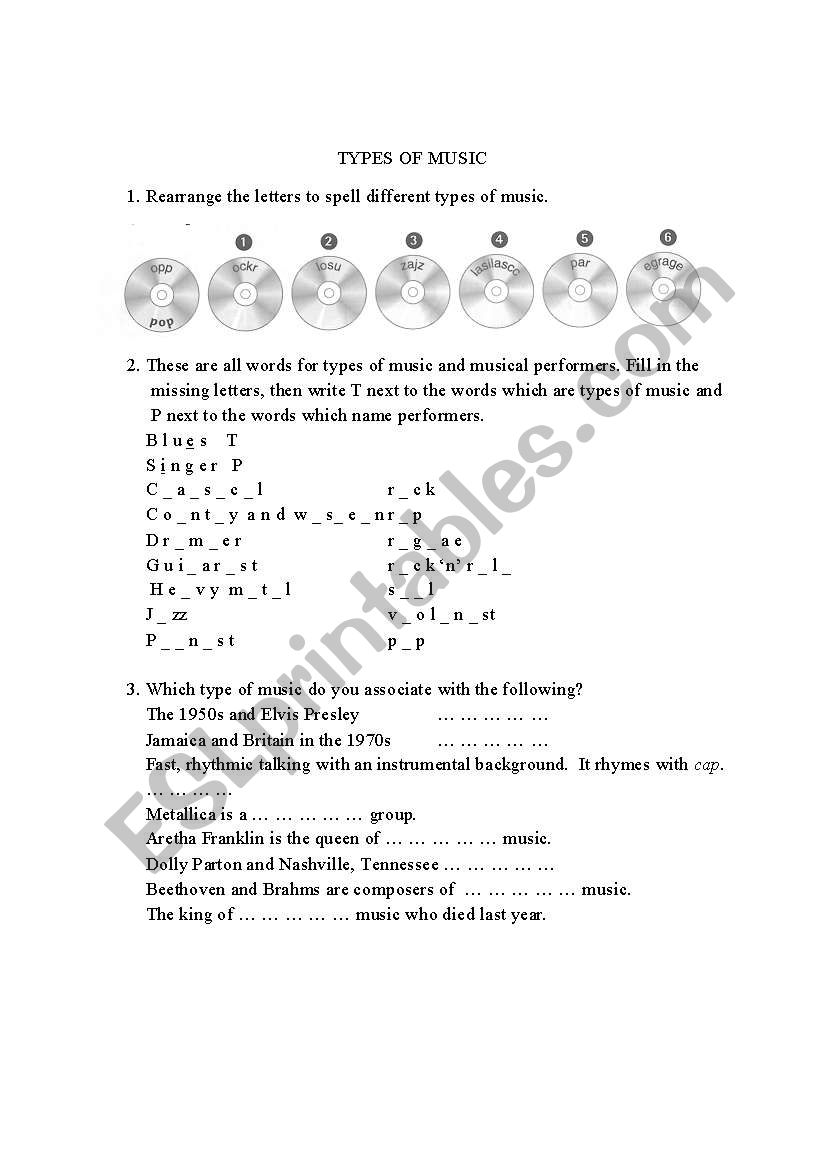 Types of music worksheet