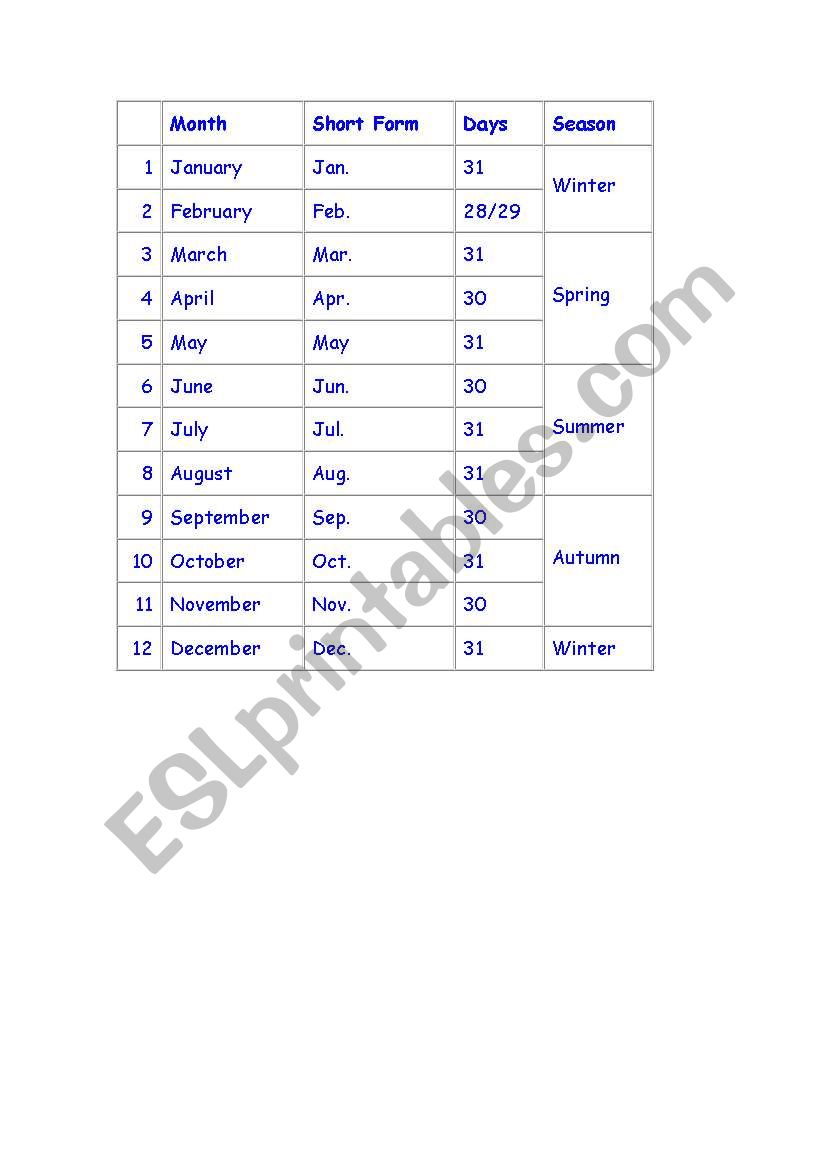 Months of the year worksheet