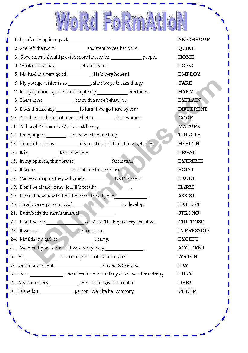 !!! WORDFORMATION  30 sentences + KEY !!!