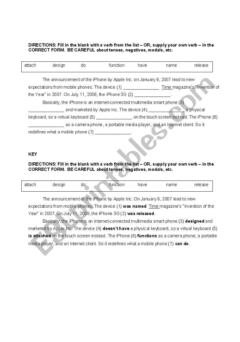 Verb Tense Story worksheet