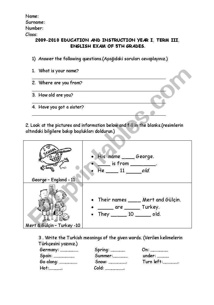 5TH CLASS EXAM worksheet