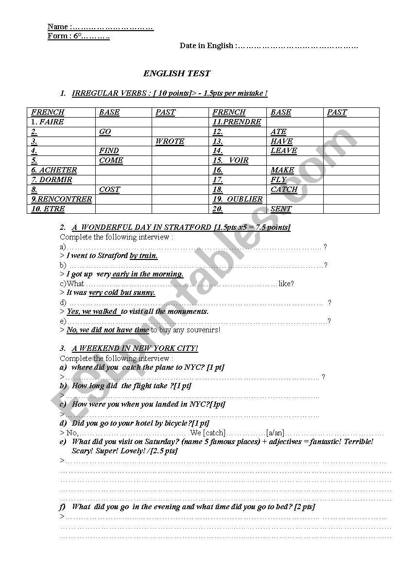 SIMPLE PAST TEST - worksheet