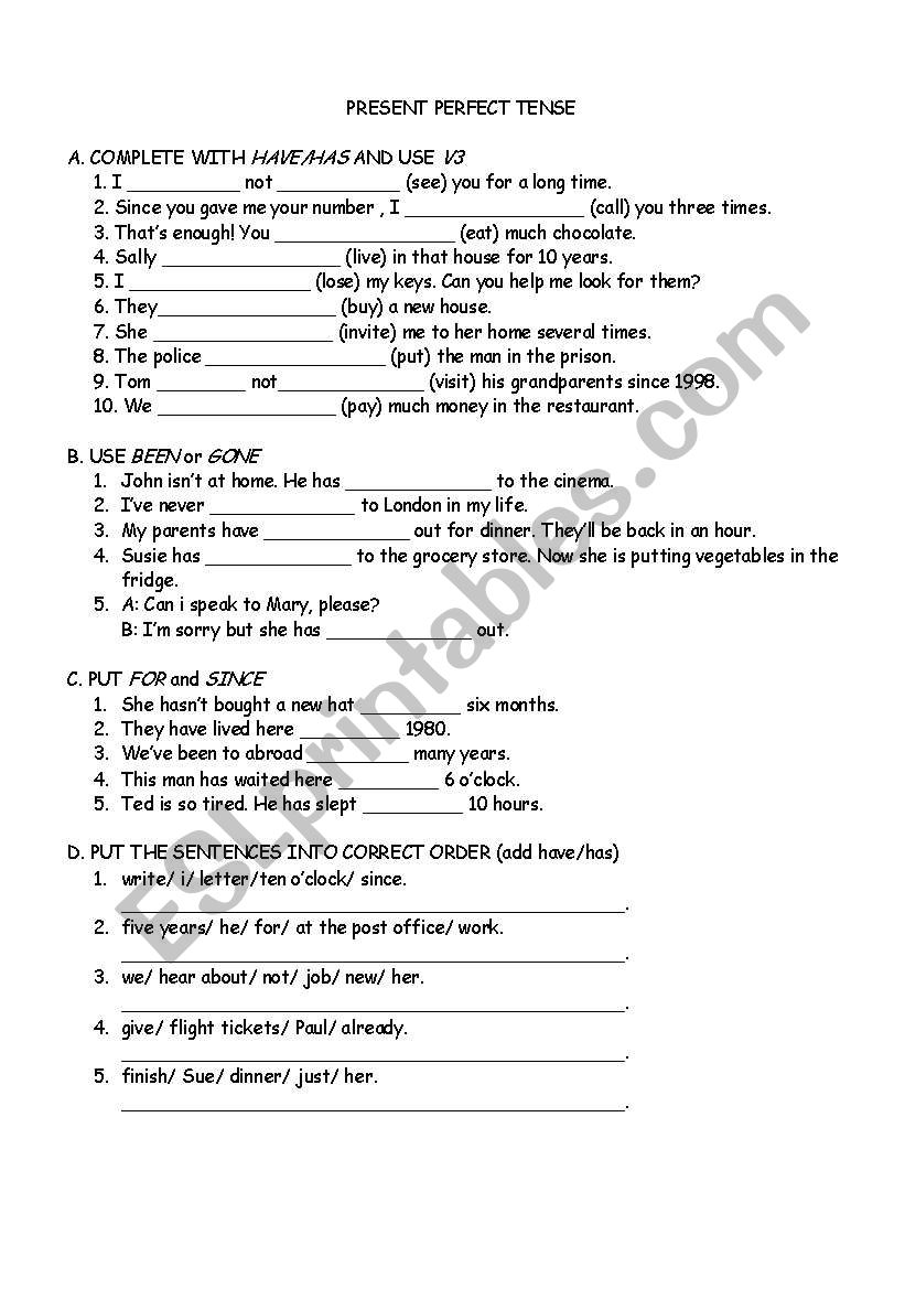 Worksheet 8 2 Present Perfect Tense