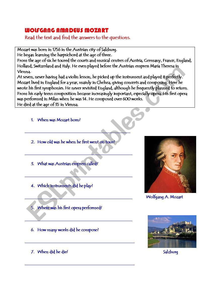 Wolfgang Amadeus Mozart worksheet