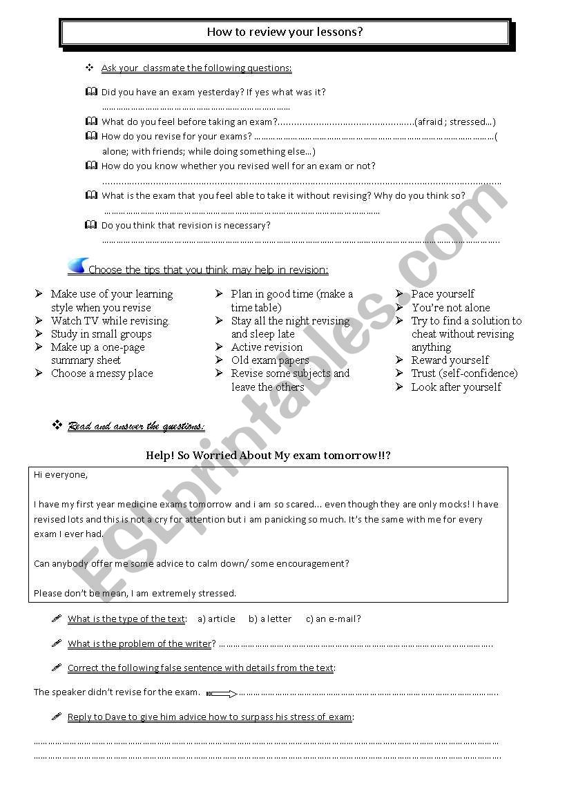 ready made lesson about revising exams - handout.