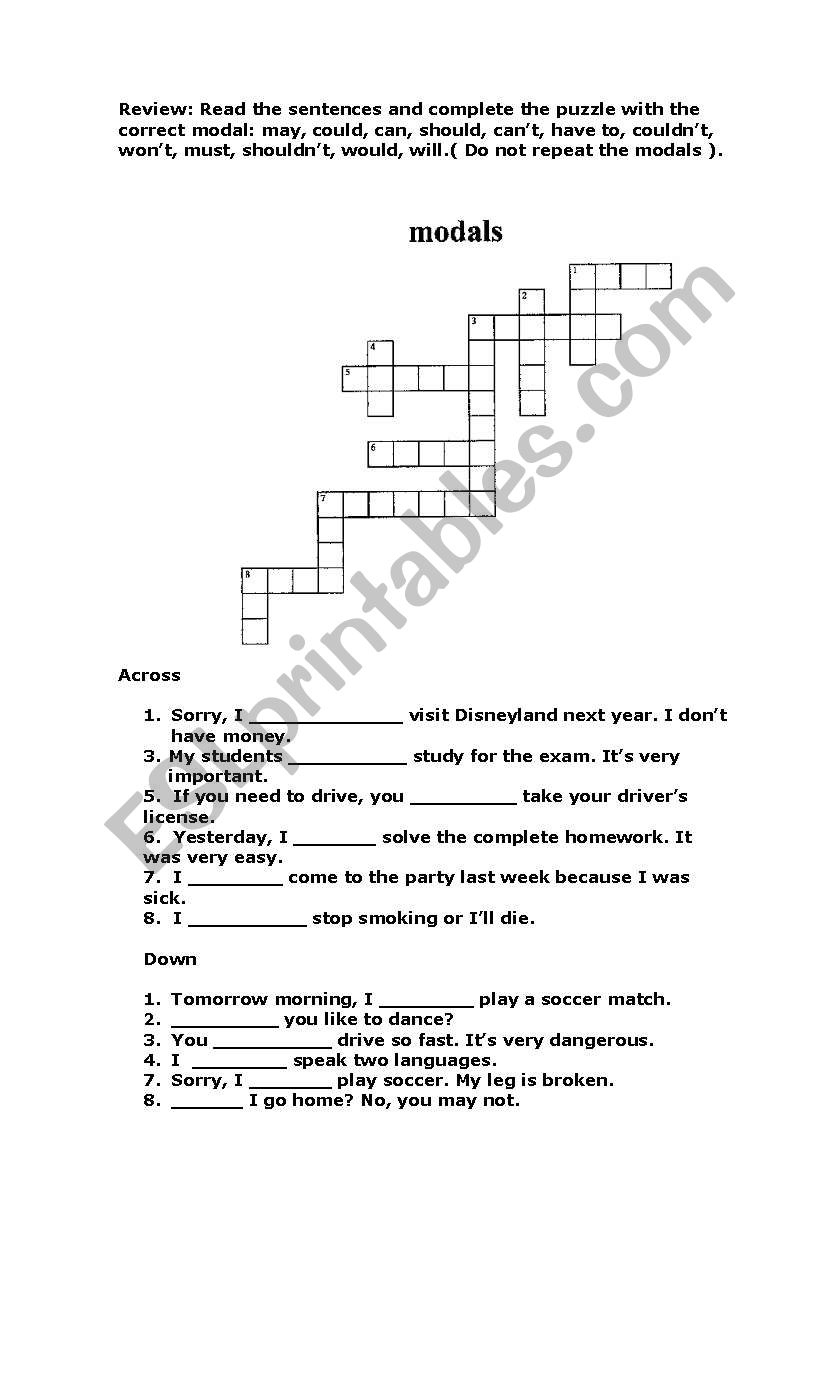 modals crossword worksheet