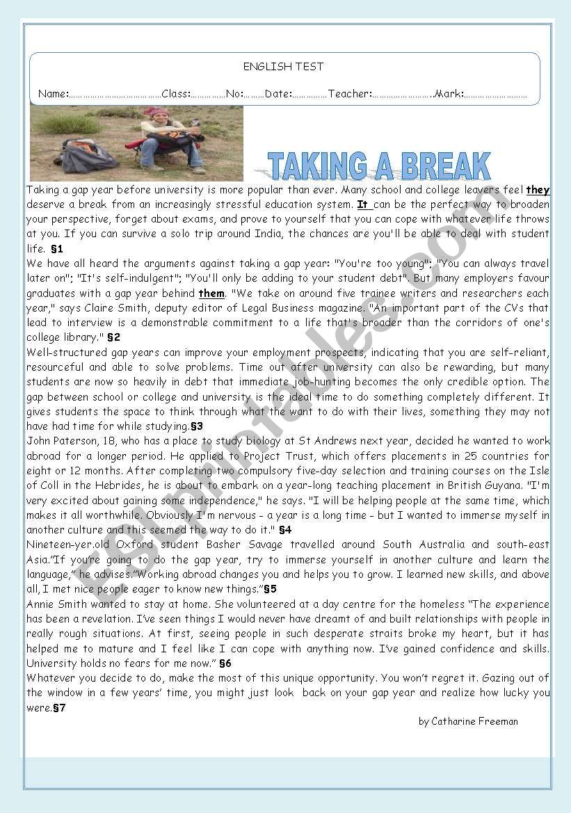 TEST: TAKING A BREAK        worksheet