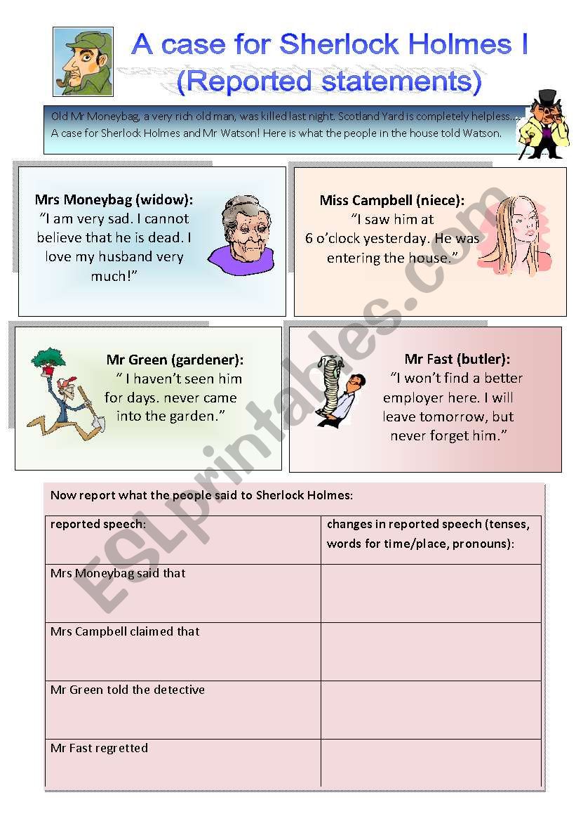 Sherlock Holmes case I: Reported speech (statements, orders, questions)