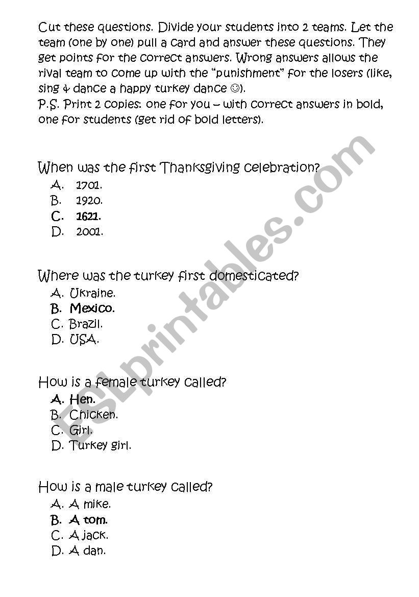 Thanksgiving Day trivia worksheet