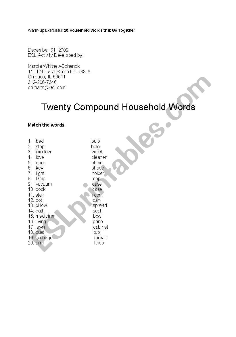 Compound nouns in the house worksheet