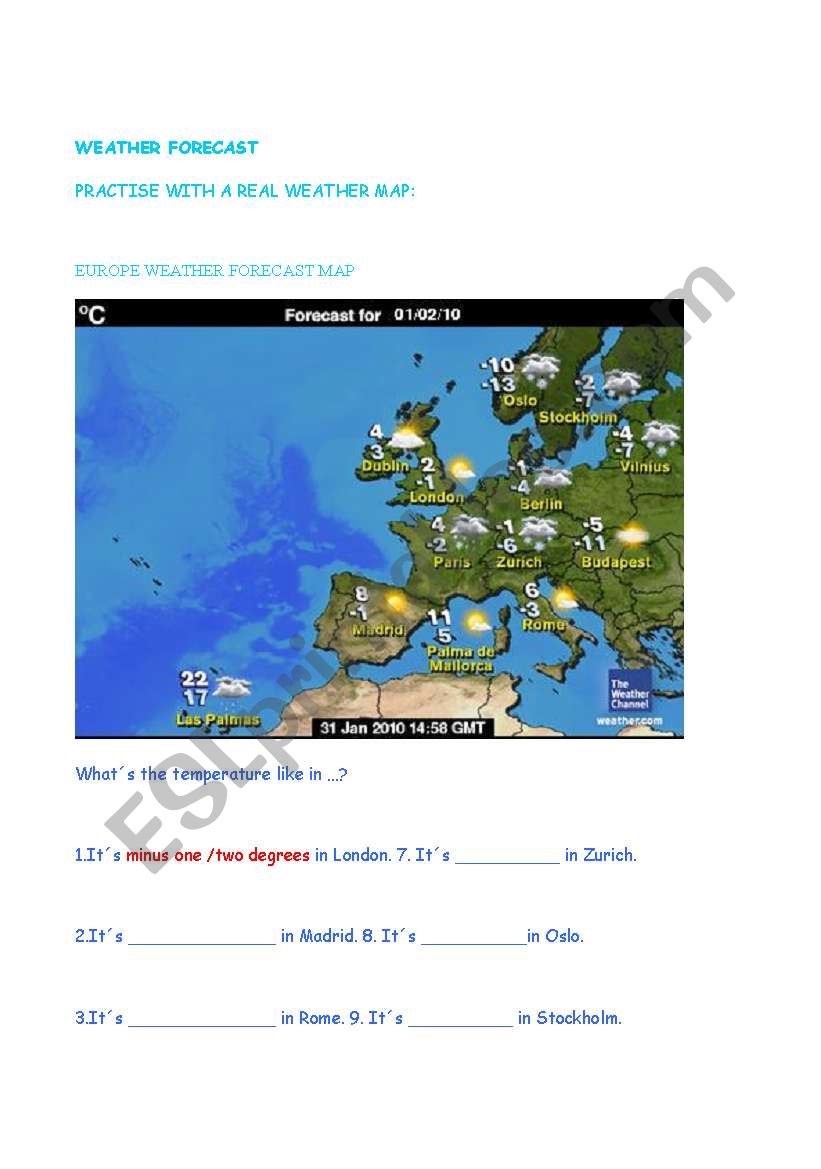 weather forecast in europe worksheet