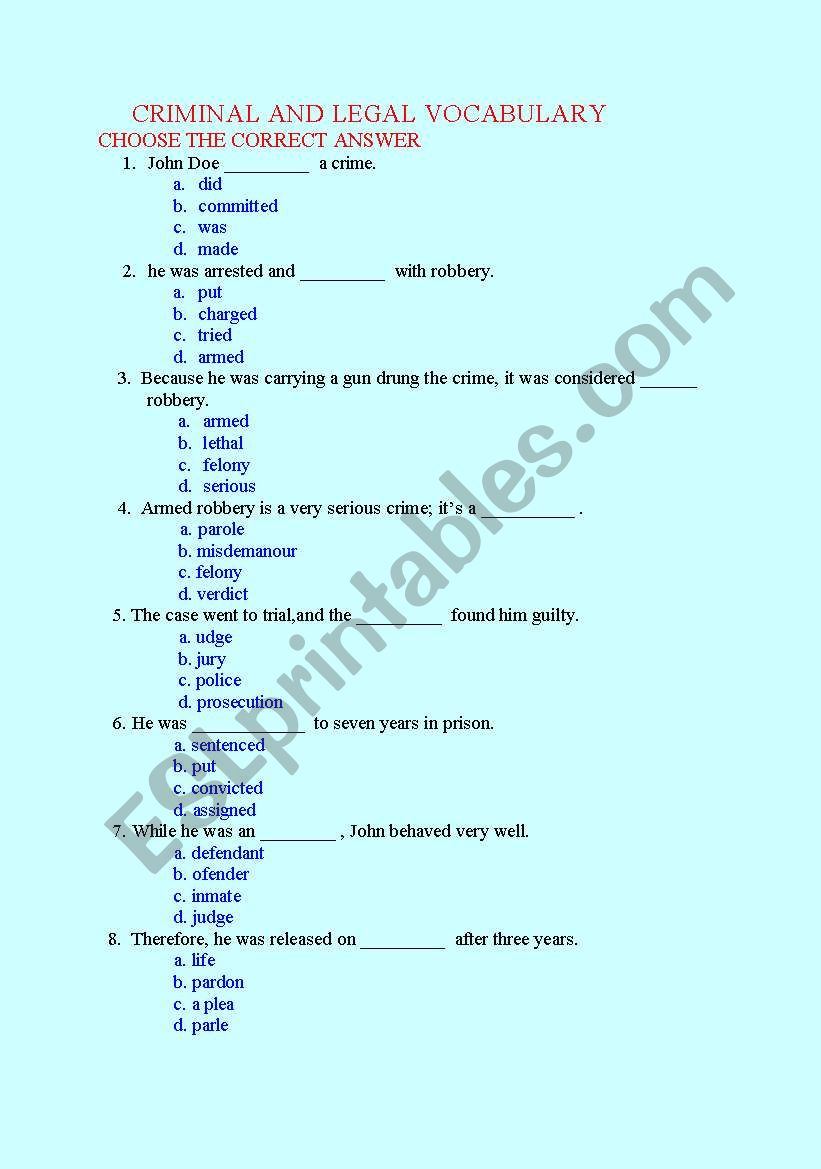 CRIMINAL AND LEGAL VOCABULARY worksheet