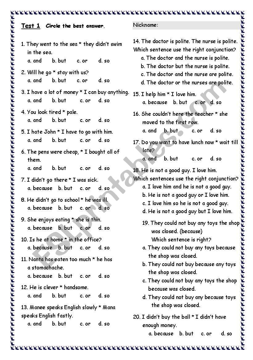 Conjunction worksheet