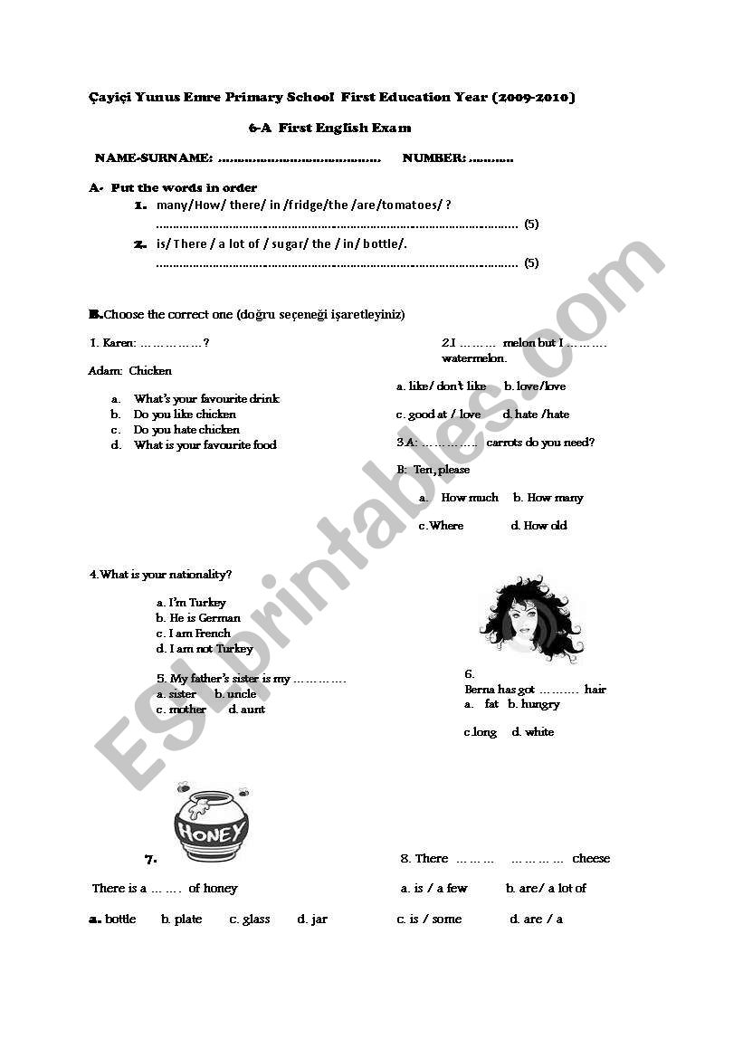 6th grade exam worksheet