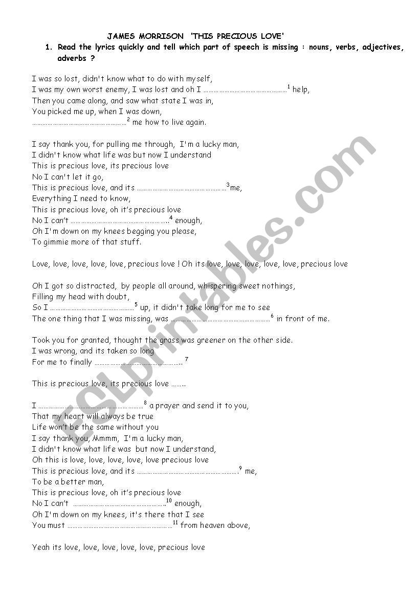 Precious love James Morrison worksheet