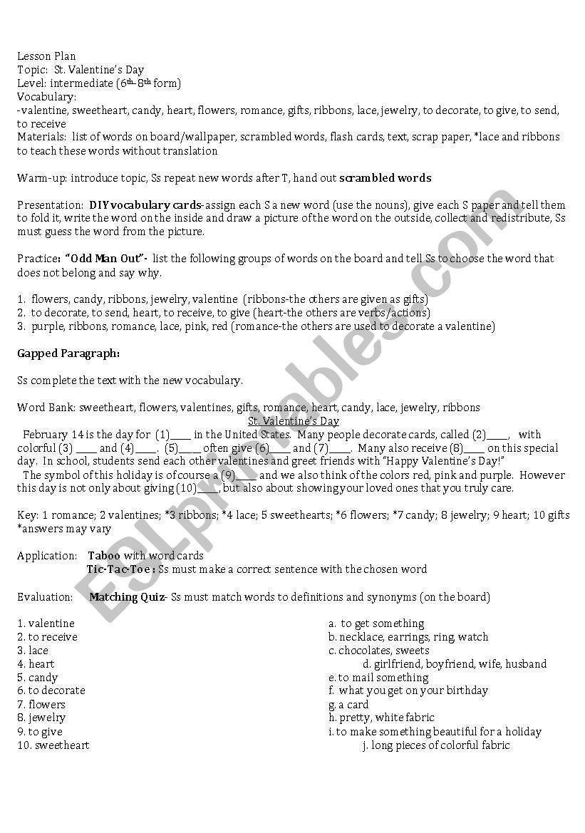 St. Valentines Day Lesson worksheet