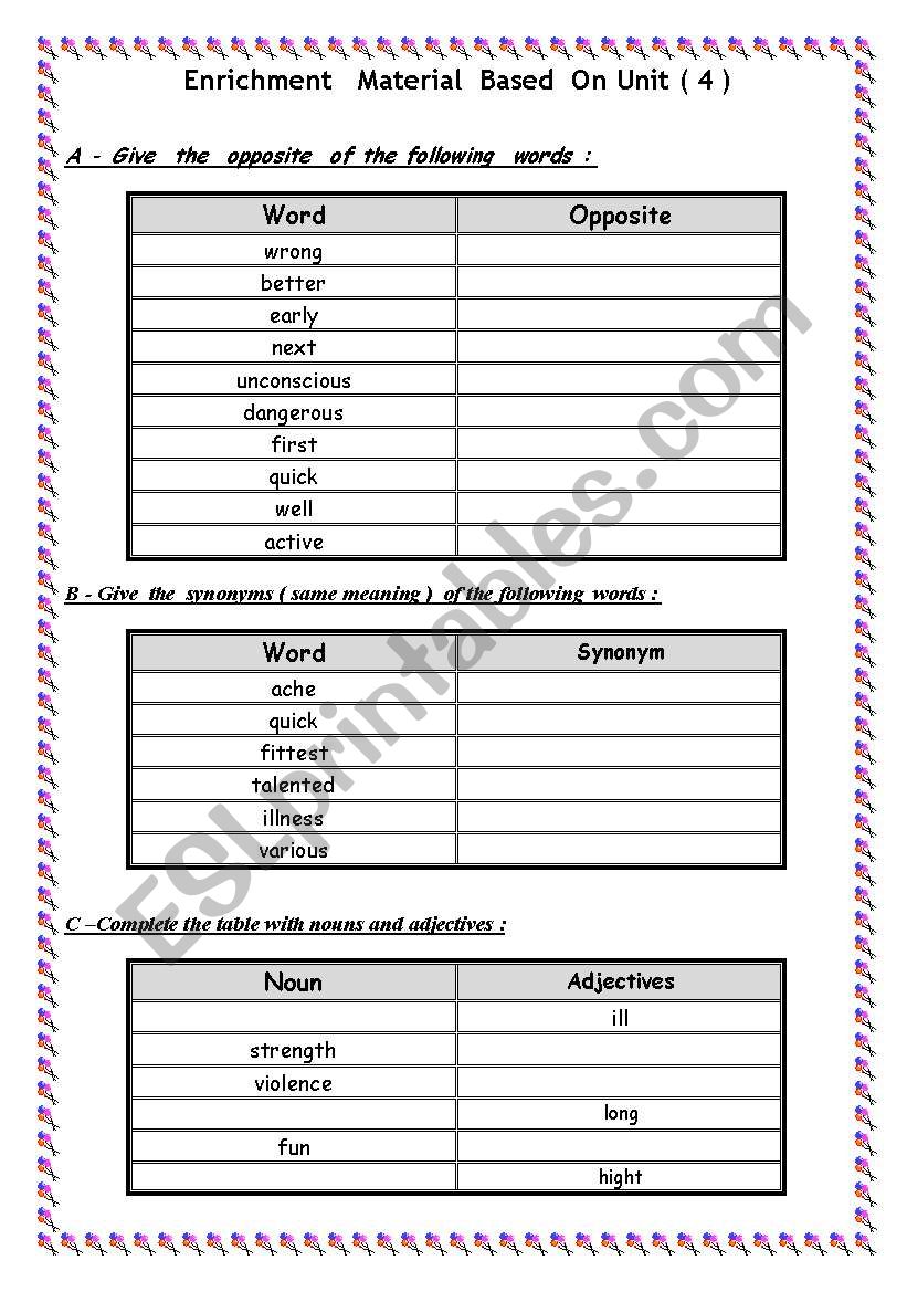 Enrichment  Material worksheet