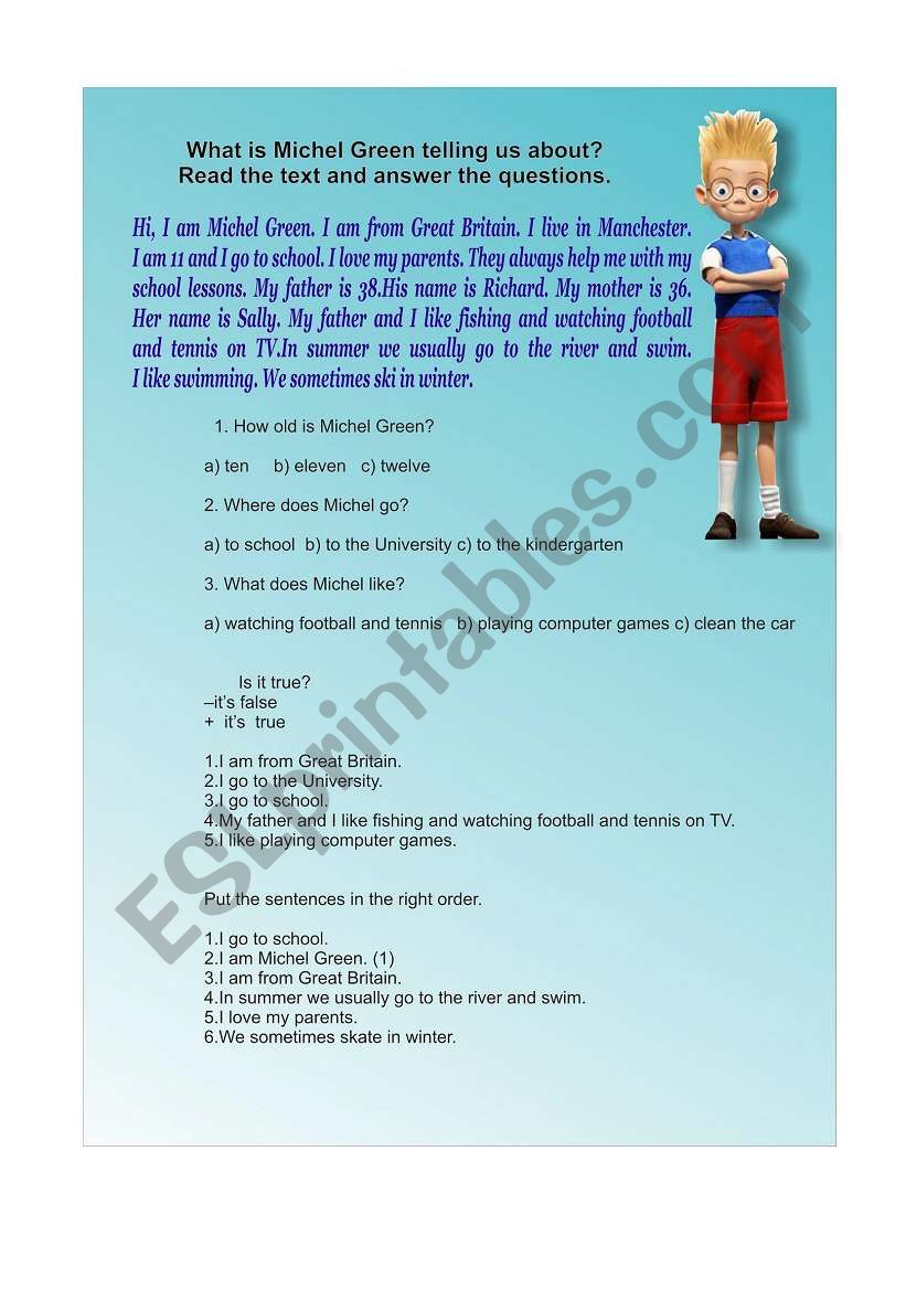 Reading text worksheet