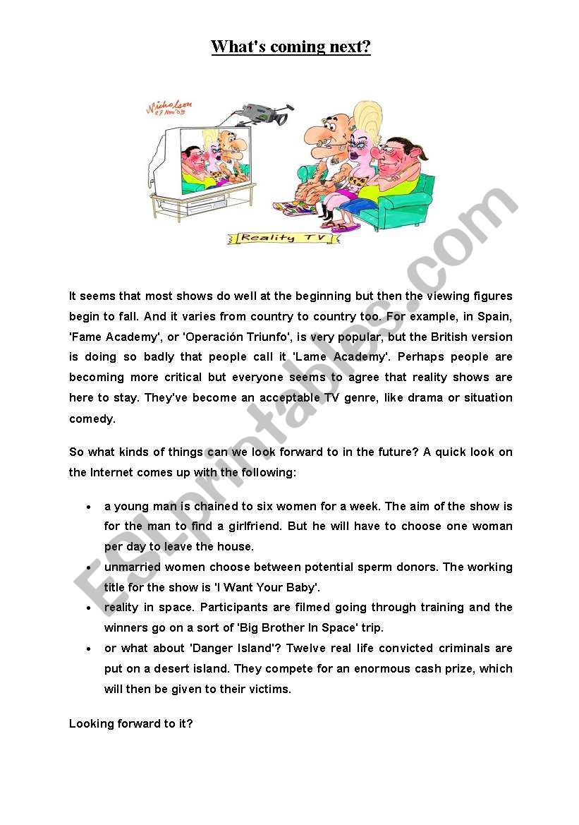 Reality shows-reading worksheet
