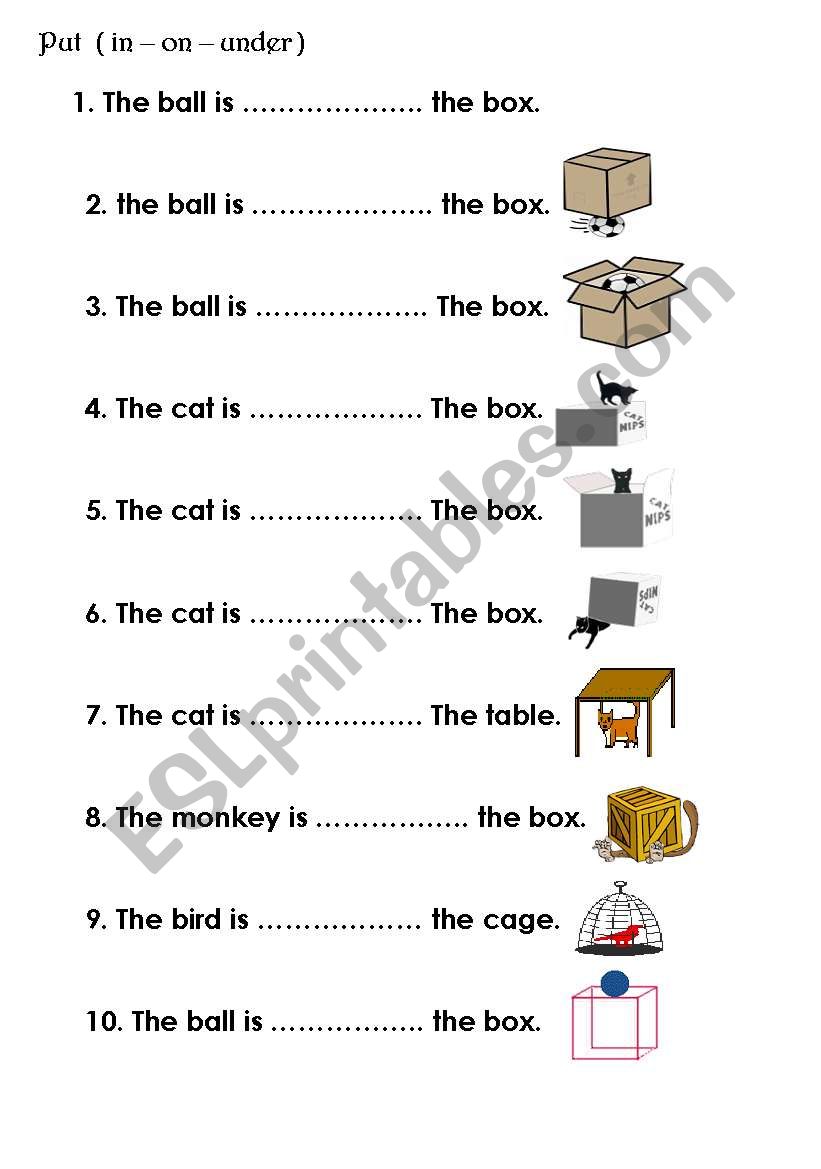 preposition in on under worksheet