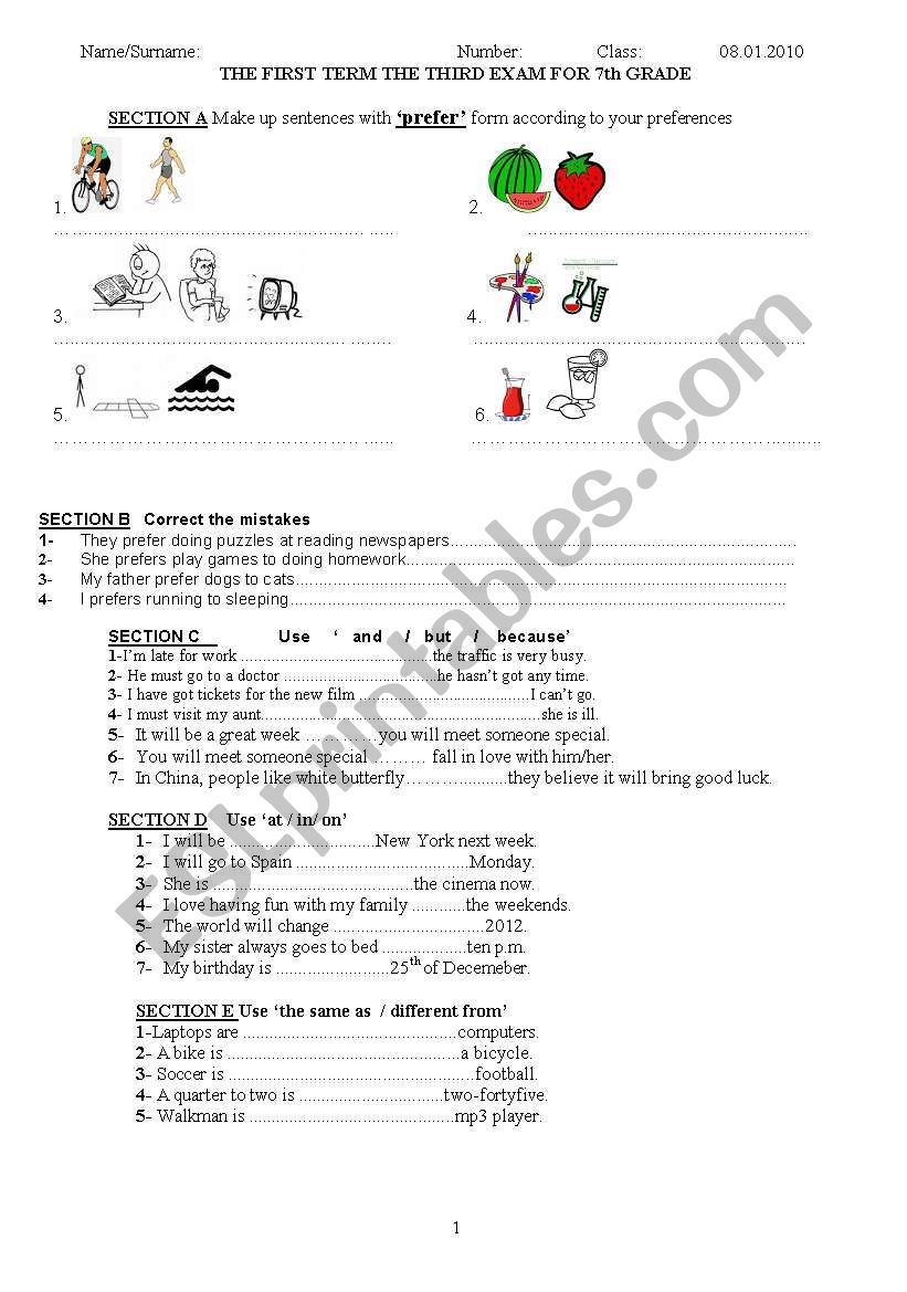 examination worksheet