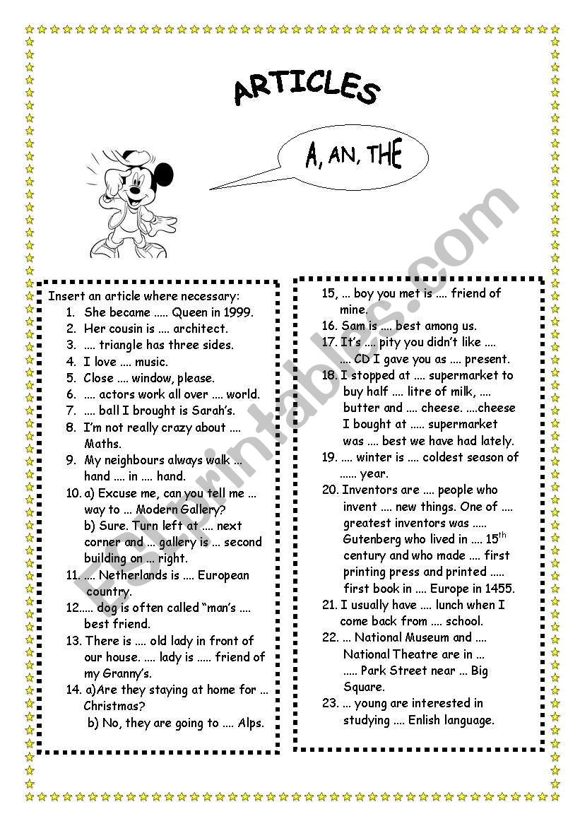 Articles worksheet