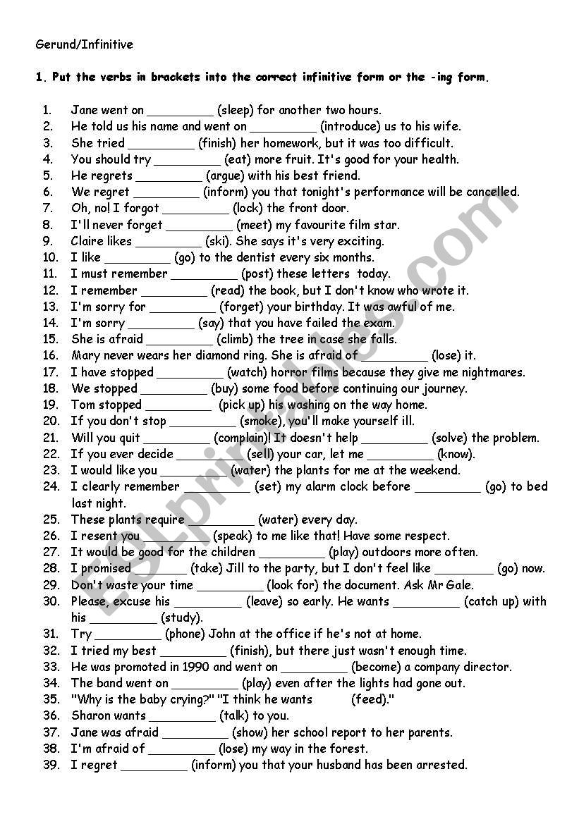 Gerund/Infinitive worksheet