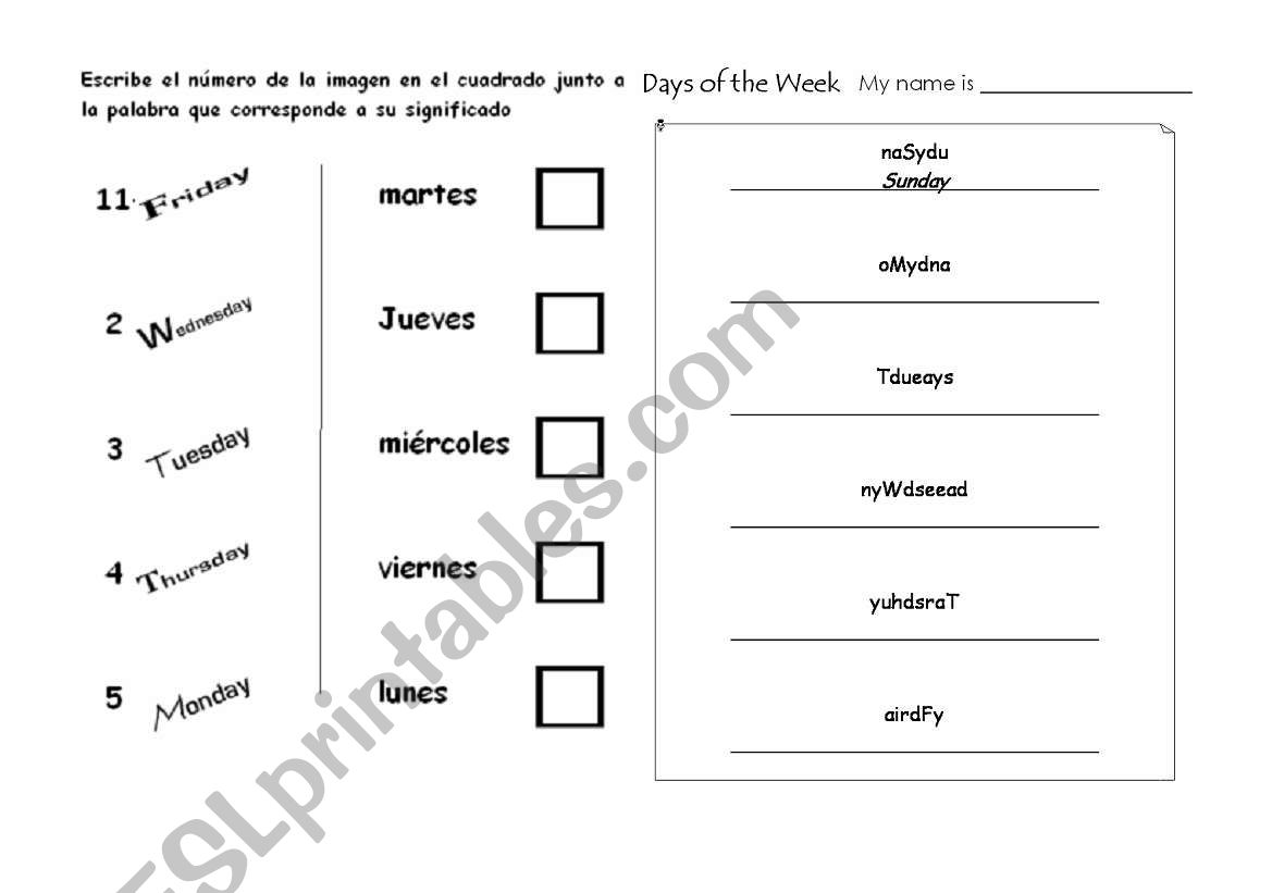 Days of the week worksheet