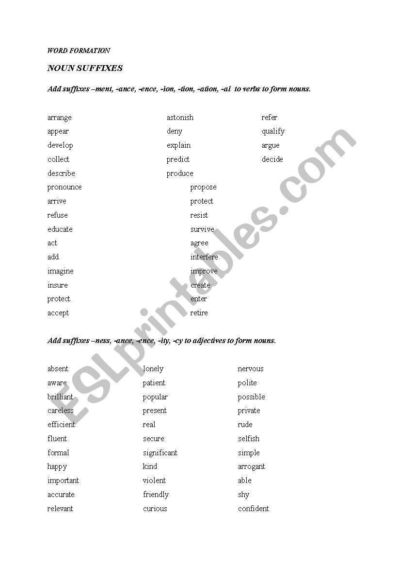 wordbuilding - noun worksheet