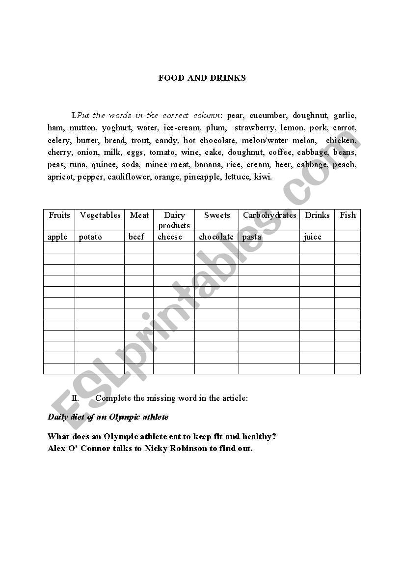 Food and drinks worksheet