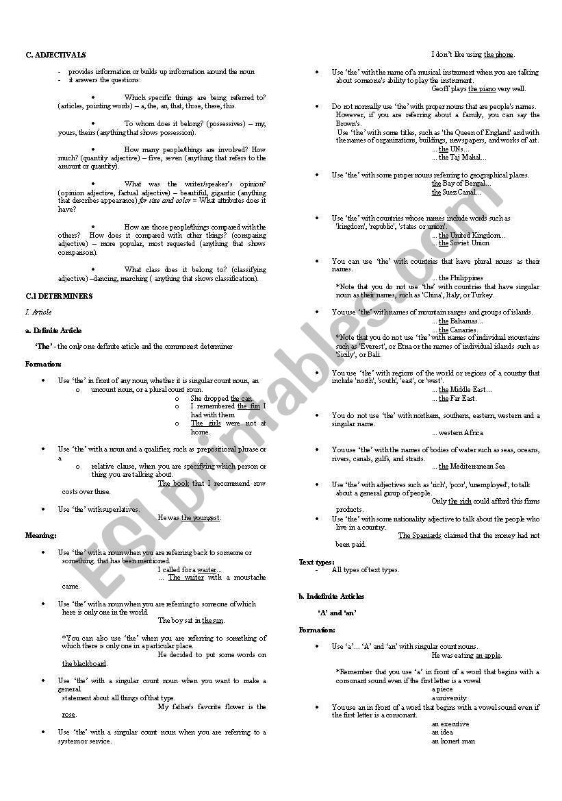 hand-outs for adjectivals worksheet