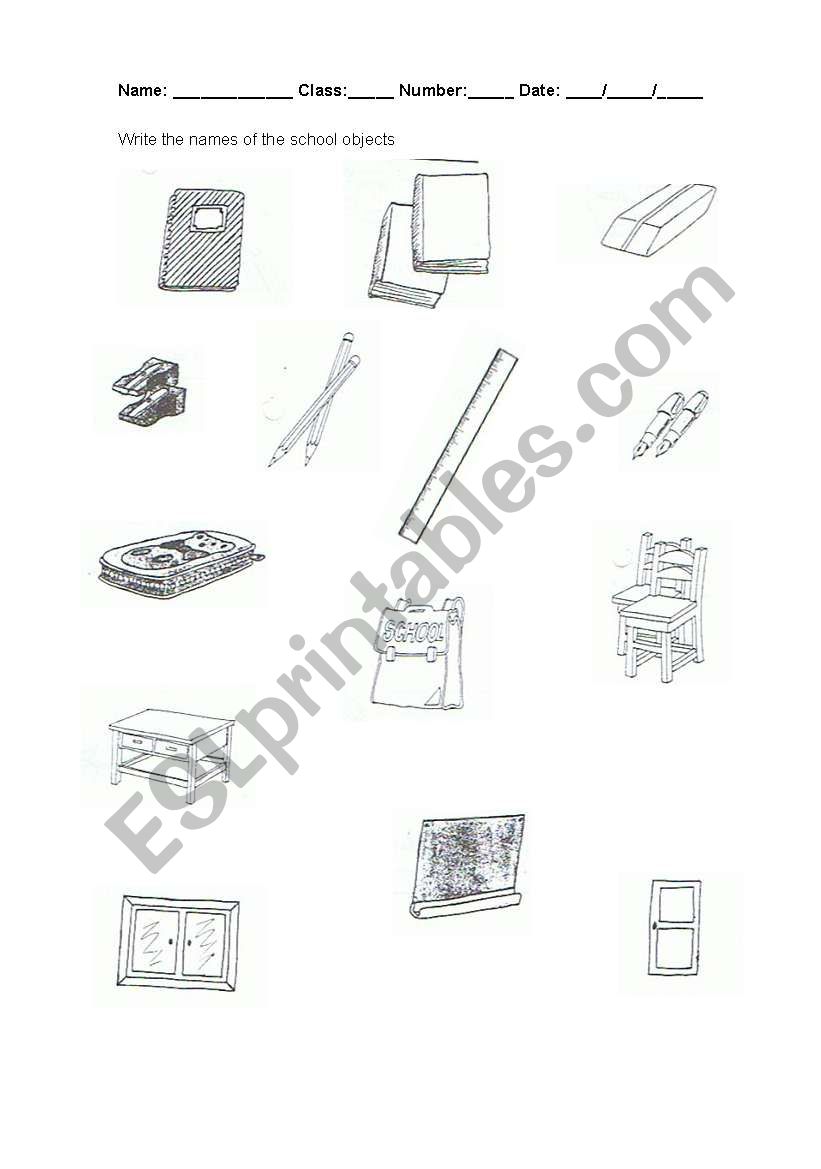 school objects worksheet